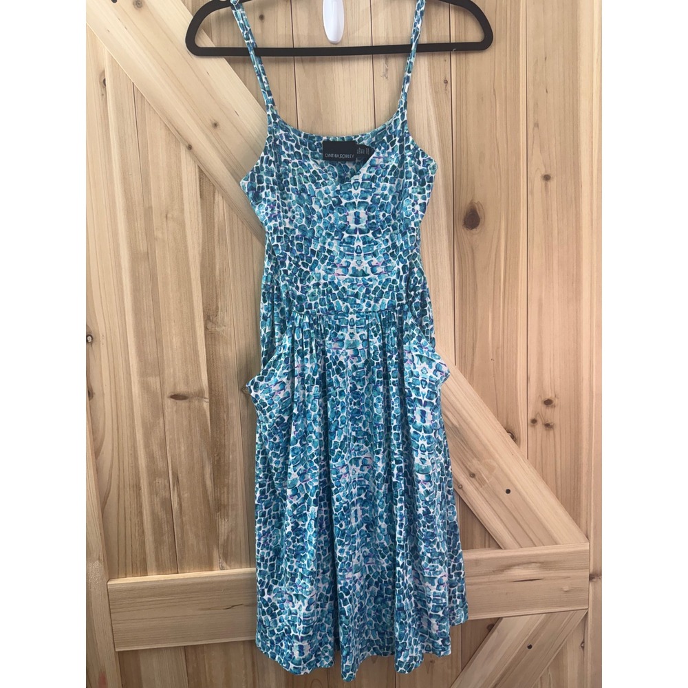 Cynthia Rowley Blue Green Mosaic Print Spaghetti Strap Pocket Dress Small